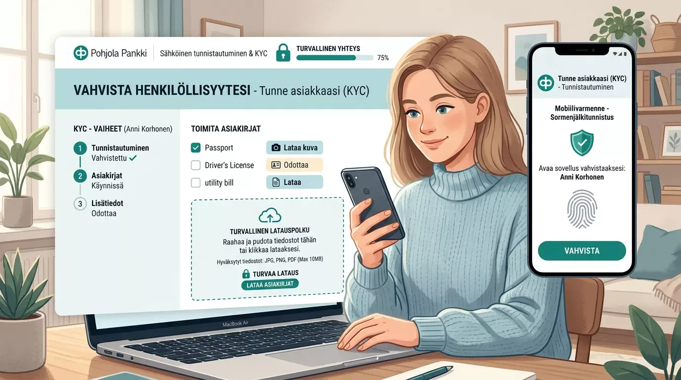 Rauhallinen kaavio pankkitunnistautumisen ja asiakirjapyynn&ouml;n eri vaiheista