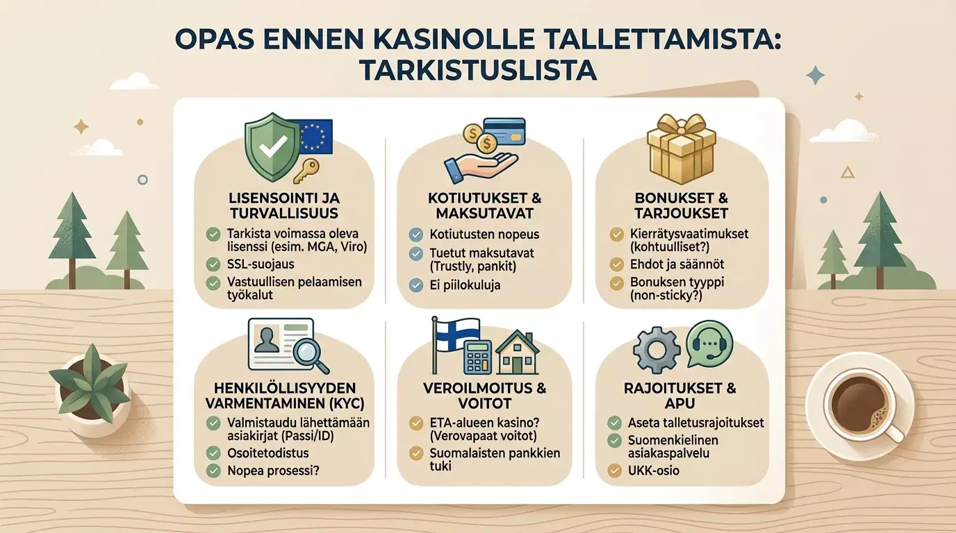 Tarkistuslista kasinosivun ehdoista ennen talletusta ja kotiutusta