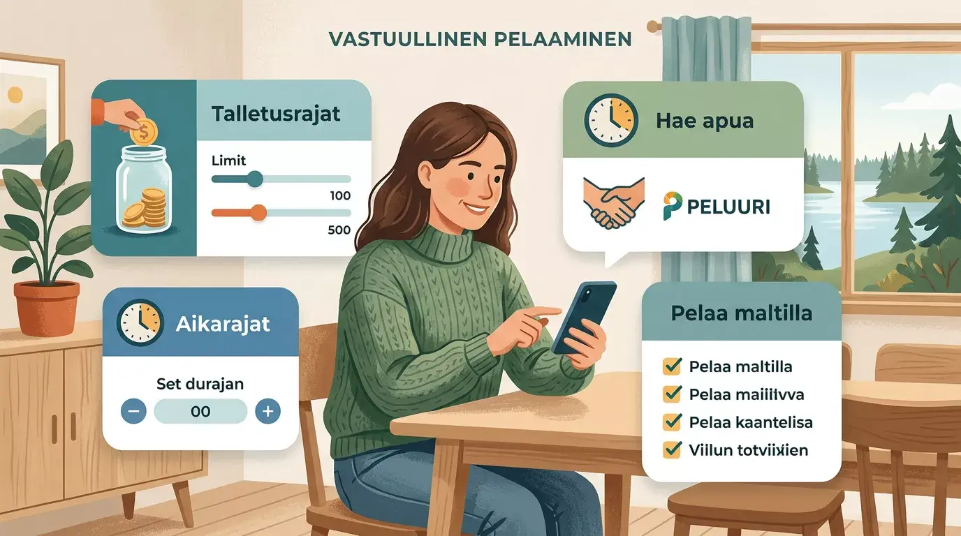 Rauhallinen tukinäkymä, jossa näkyvät talletusraja, aikaraja ja avun hakemisen vaihtoehdot