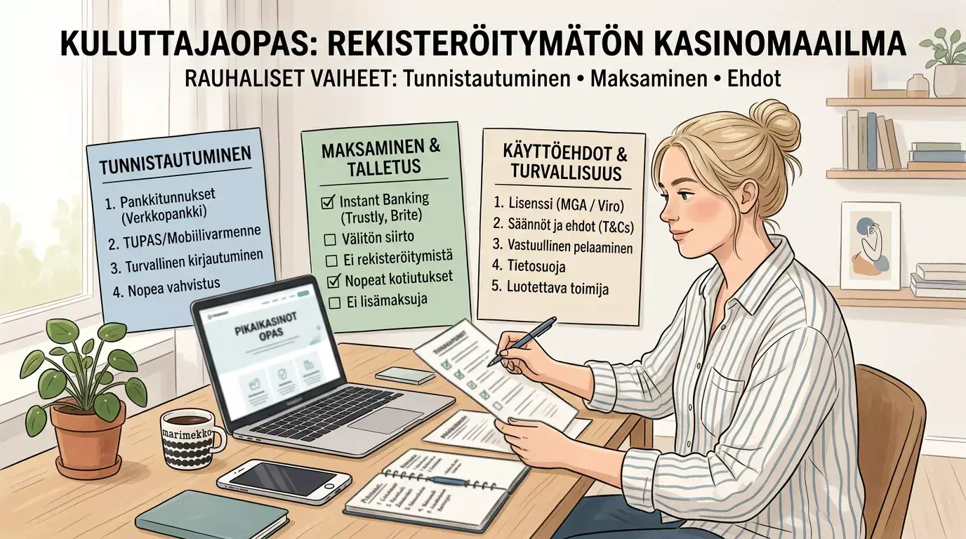 Työpöydällä näkyy selkeä tarkistuspolku kasinon tunnistautumisesta, maksusta ja ehdoista